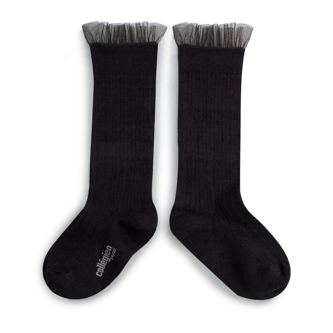 Collegien Manon - Tulle Frill Ribbed Socks - Charcoal Black
