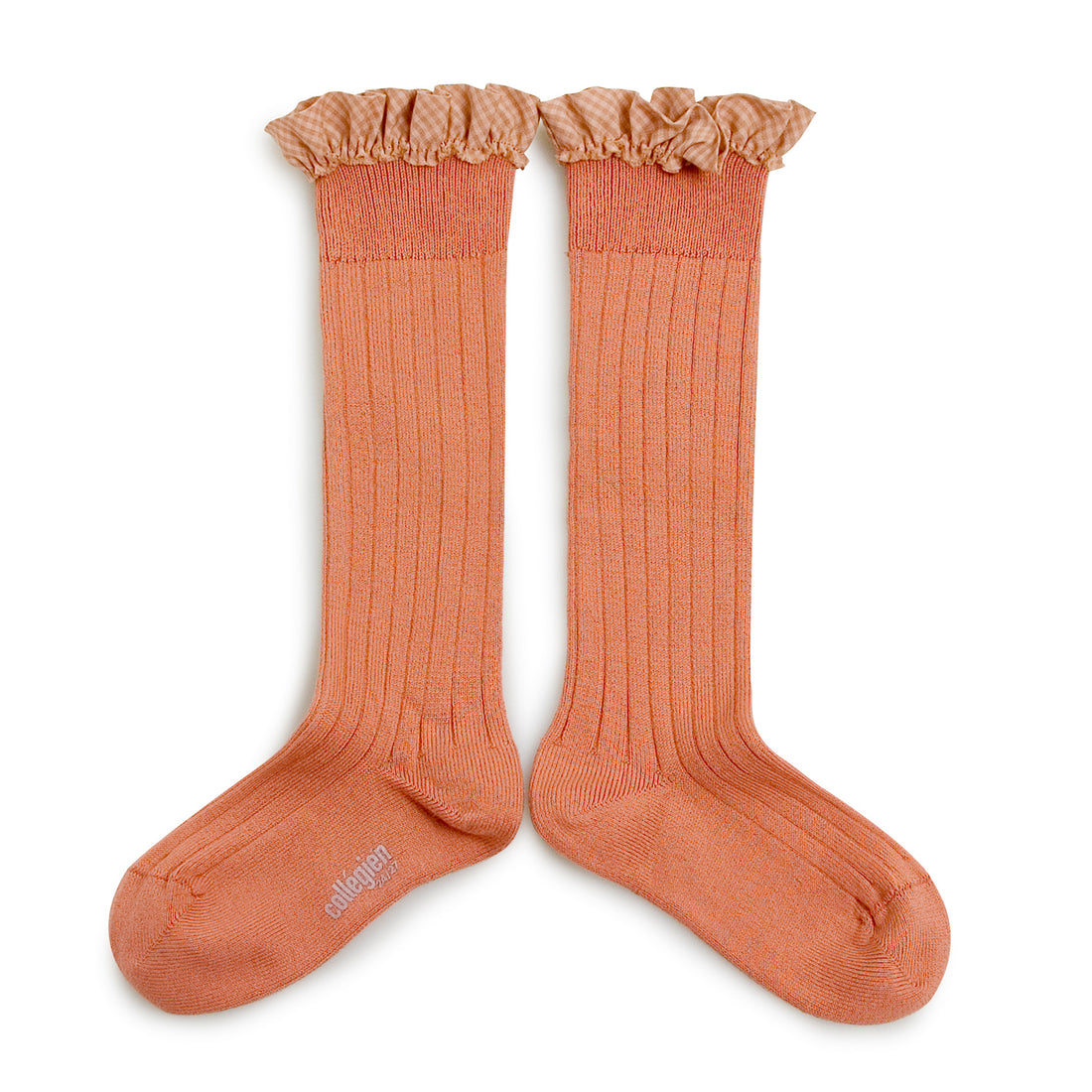 Collegien Apolline - Gingham Ruffle Ribbed Socks - Rosewood