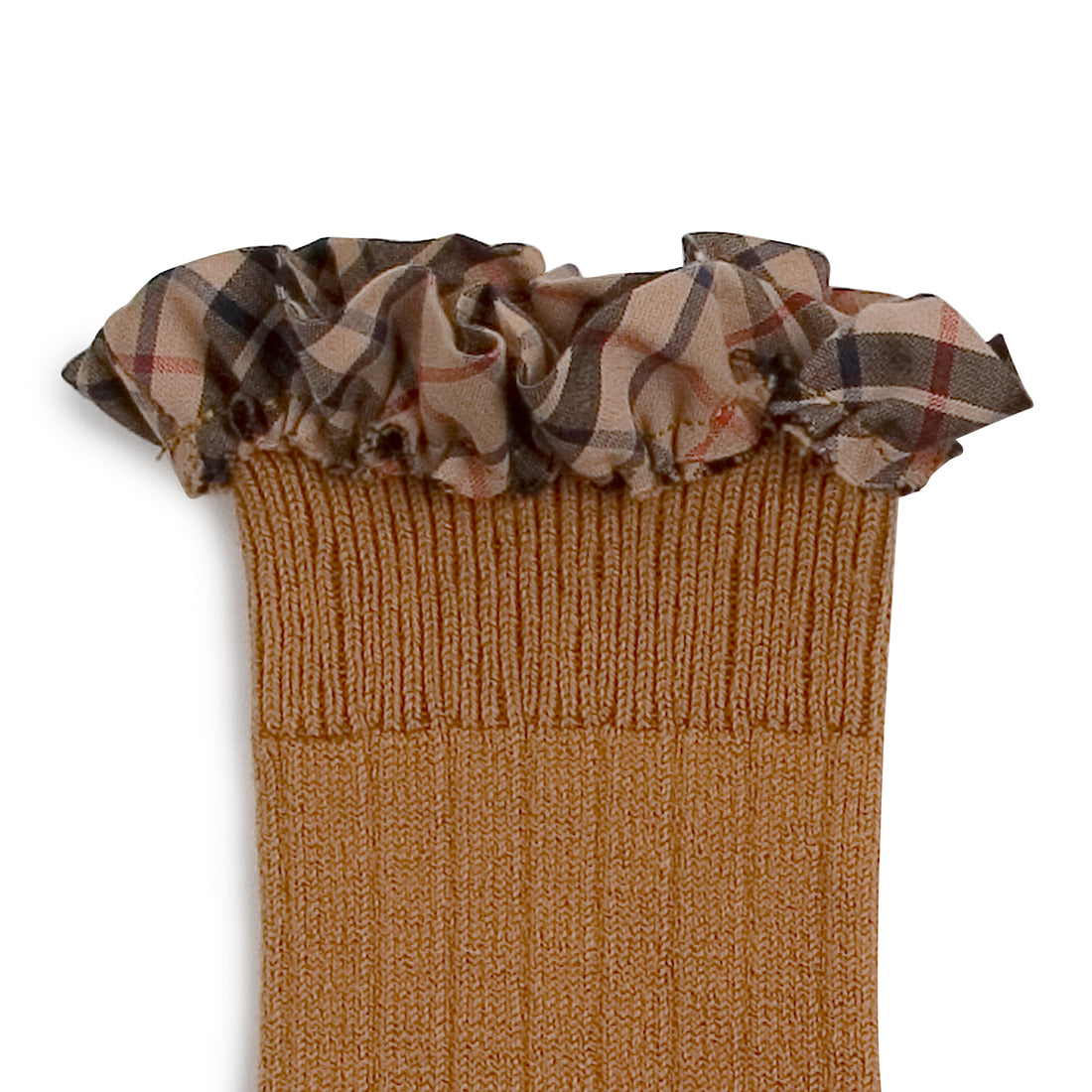Collegien Arabelle - Tartan Ruffle Ribbed Socks - Caramel