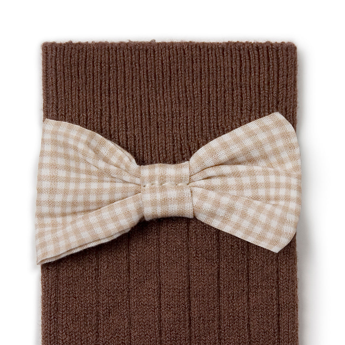 Collegien Jeanne Ribbed Socks with Gingham bow - Milk Chocolate