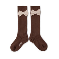 Collegien Jeanne Ribbed Socks with Gingham bow - Milk Chocolate