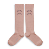 Collegien Hortense - Ribbed Socks with Velvel Bows - Old Pink