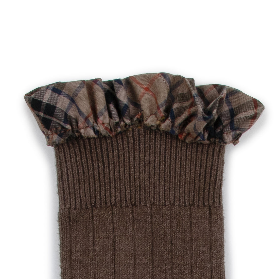 Collegien Arabelle - Tartan Ruffle Ribbed Socks - Milk Chocolate