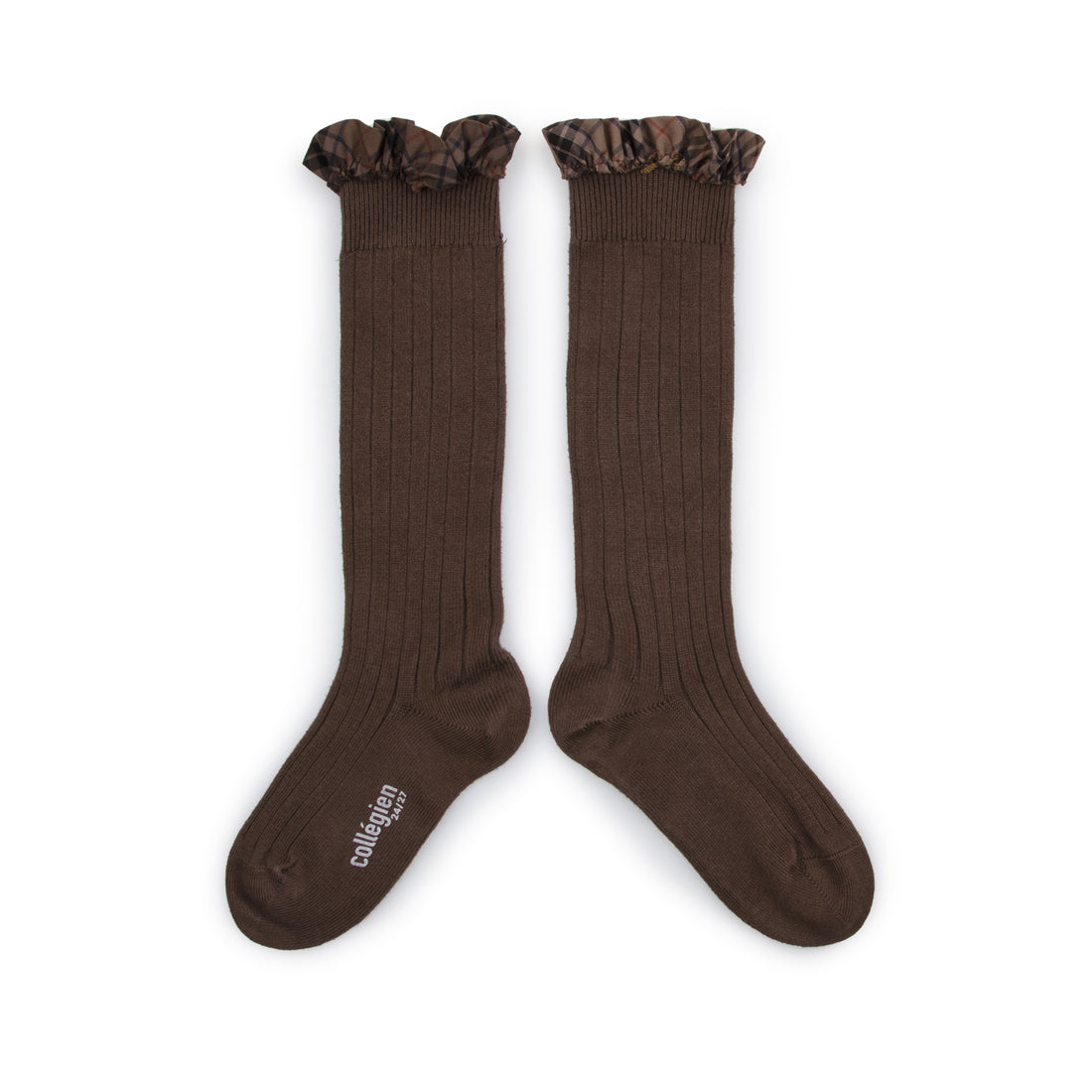 Collegien Arabelle - Tartan Ruffle Ribbed Socks - Milk Chocolate