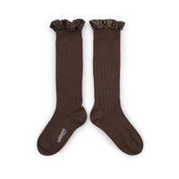 Collegien Arabelle - Tartan Ruffle Ribbed Socks - Milk Chocolate