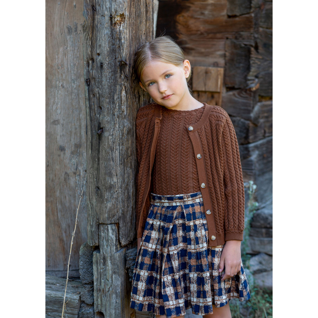 Noma Camel Blue Distressed Plaid Pleated Skirt