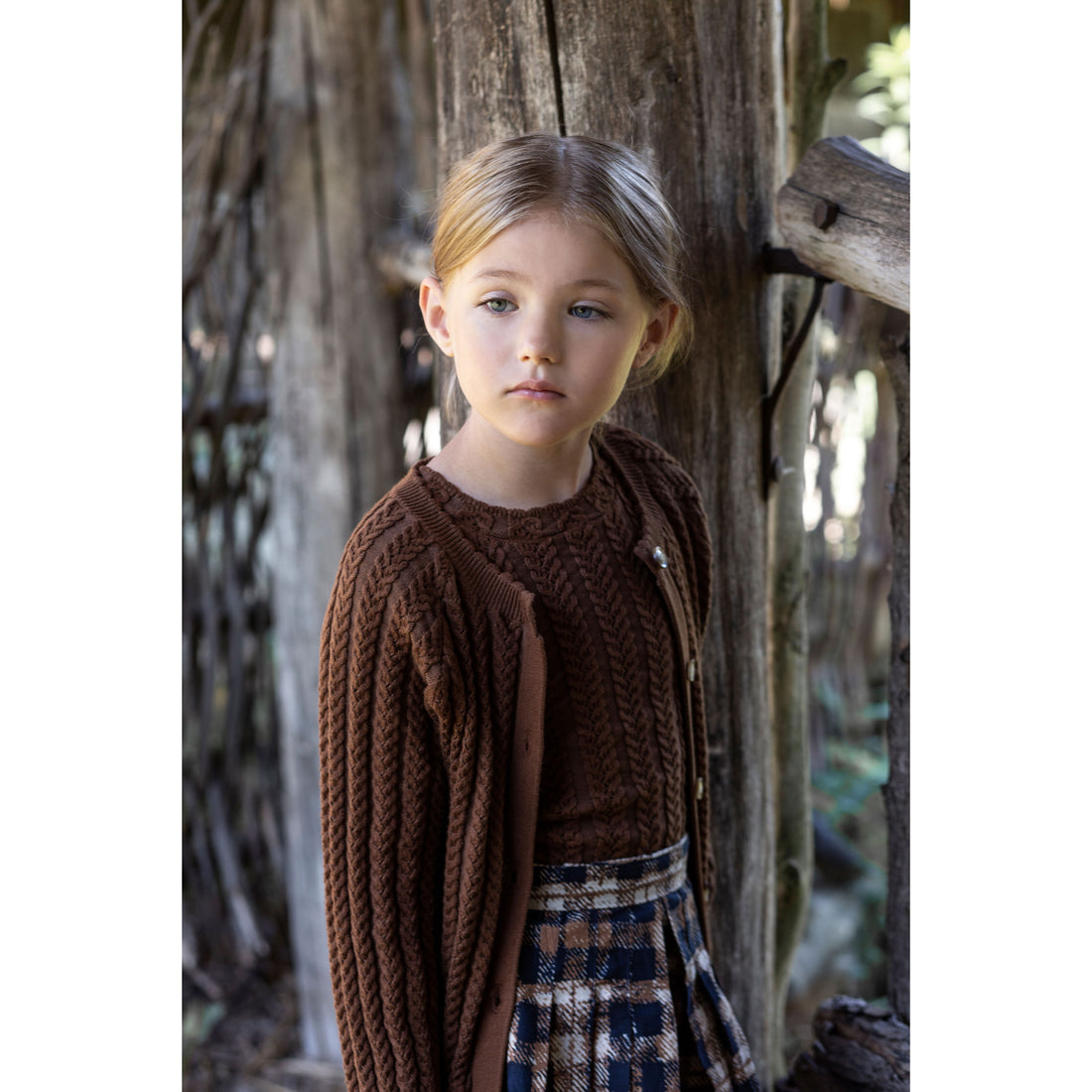 Noma Camel Blue Distressed Plaid Pleated Skirt