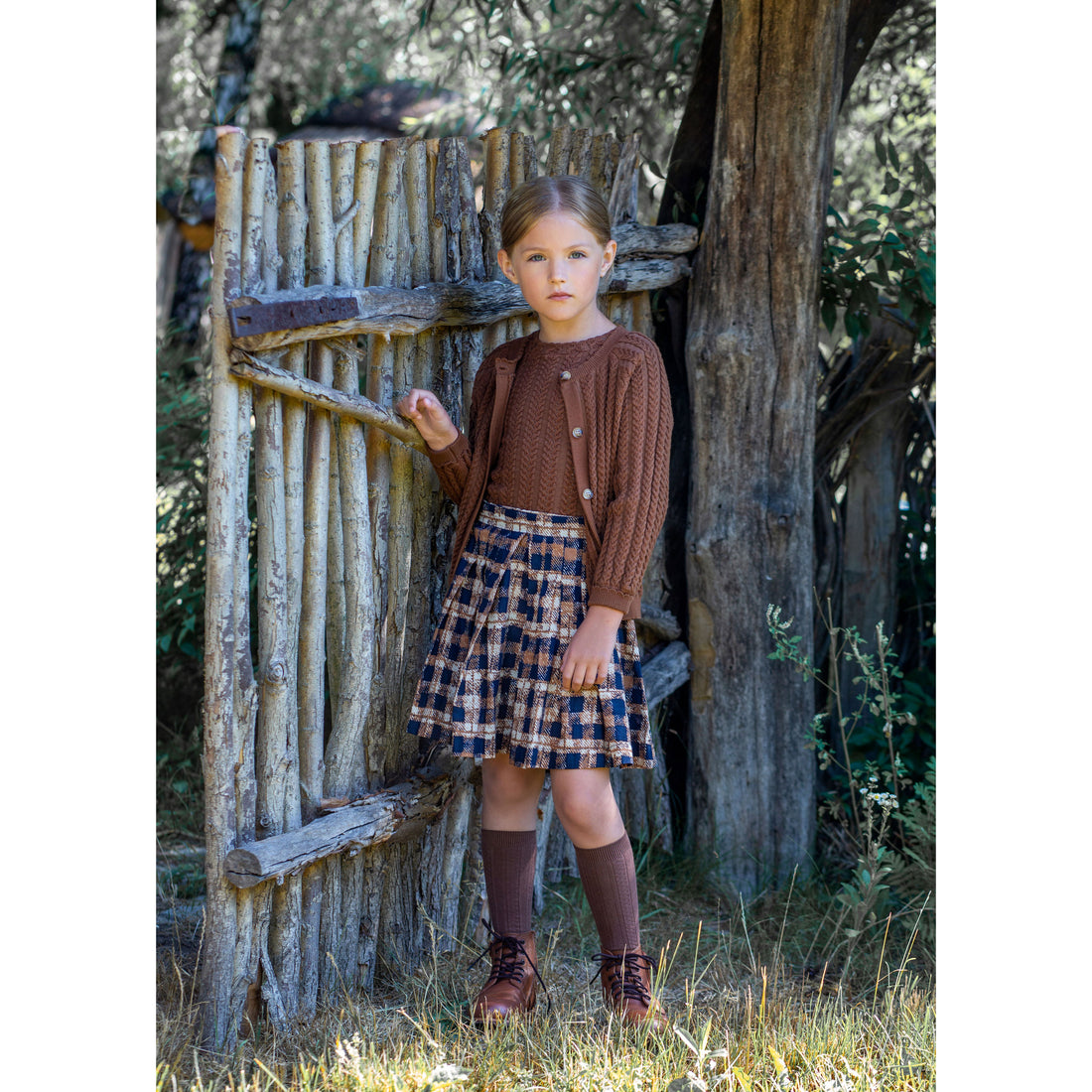 Noma Camel Blue Distressed Plaid Pleated Skirt
