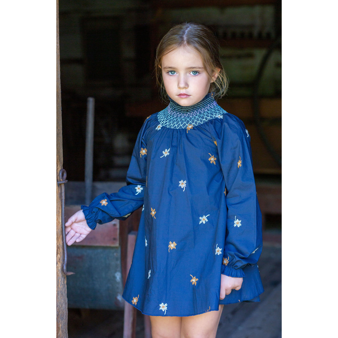 Noma Blue Floral Embroidered Smocked Dress