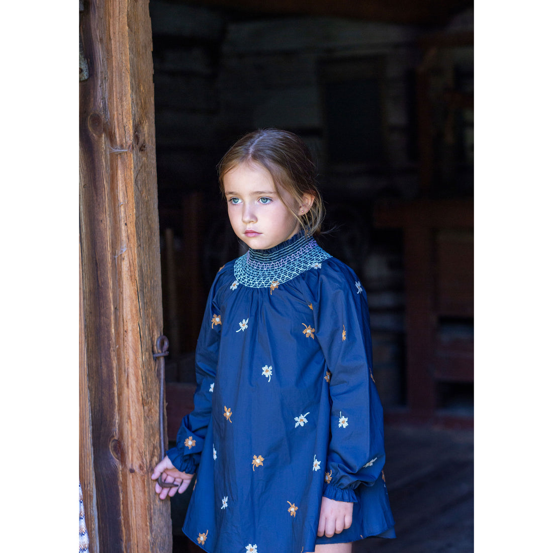 Noma Blue Floral Embroidered Smocked Dress