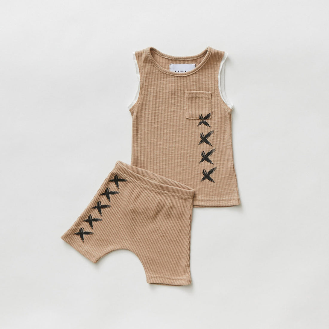 Hey kid Ribbed Pocket Tank And Shorts Set- Tan
