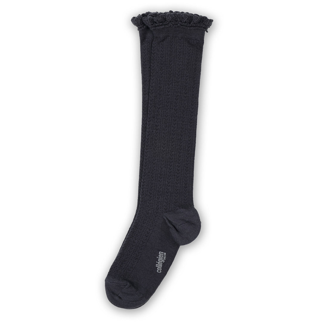 Collegien Adeline - Pointelle Wool Socks with Lace Trim - Charcoal Black