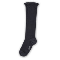 Collegien Adeline - Pointelle Wool Socks with Lace Trim - Charcoal Black