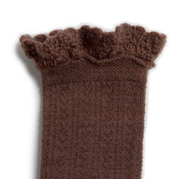 Collegien Adeline - Pointelle Wool Socks with Lace Trim - Milk Chocolate