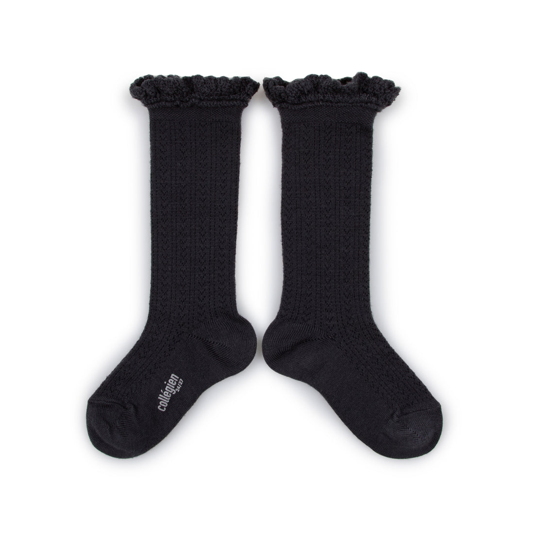 Collegien Adeline - Pointelle Wool Socks with Lace Trim - Charcoal Black