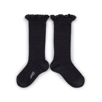 Collegien Adeline - Pointelle Wool Socks with Lace Trim - Charcoal Black