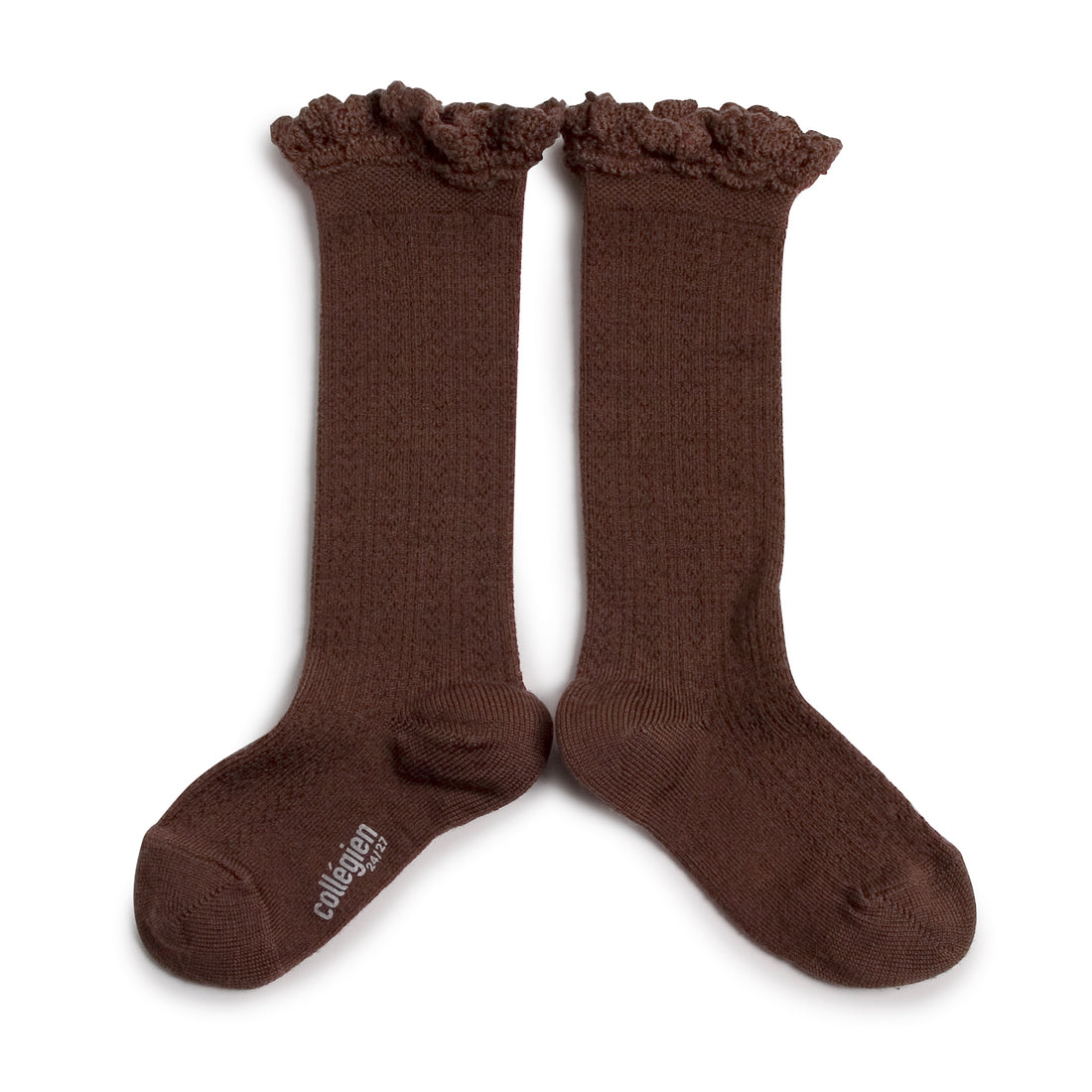 Collegien Adeline - Pointelle Wool Socks with Lace Trim - Milk Chocolate