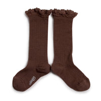 Collegien Adeline - Pointelle Wool Socks with Lace Trim - Milk Chocolate