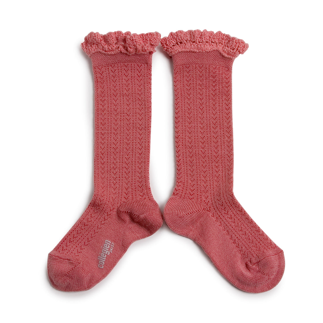 Collegien Adeline - Pointelle Wool Socks with Lace Trim - Lychee Pink