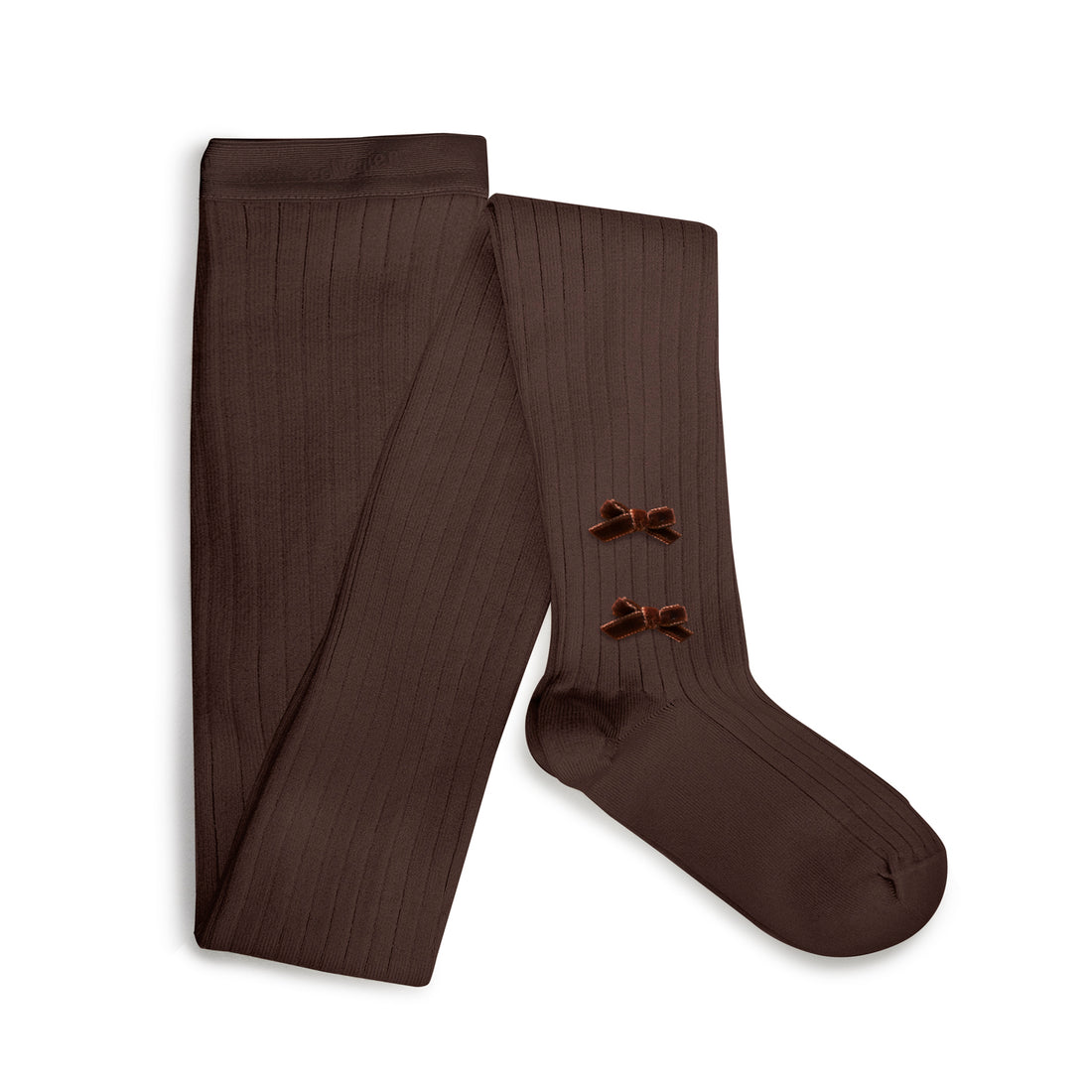 Collegien Capucine - Ribbed Tights with Velvet Bows - Chocolat au lait