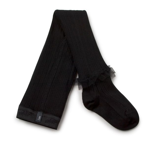 Collegien Gisele - Tulle Frill Ribbed Tights - Charcoal Black
