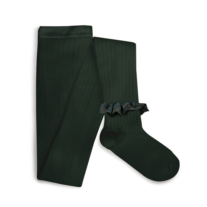 Collegien Adelaide - Tartan Ruffle Ribbed Tights - Forest Green