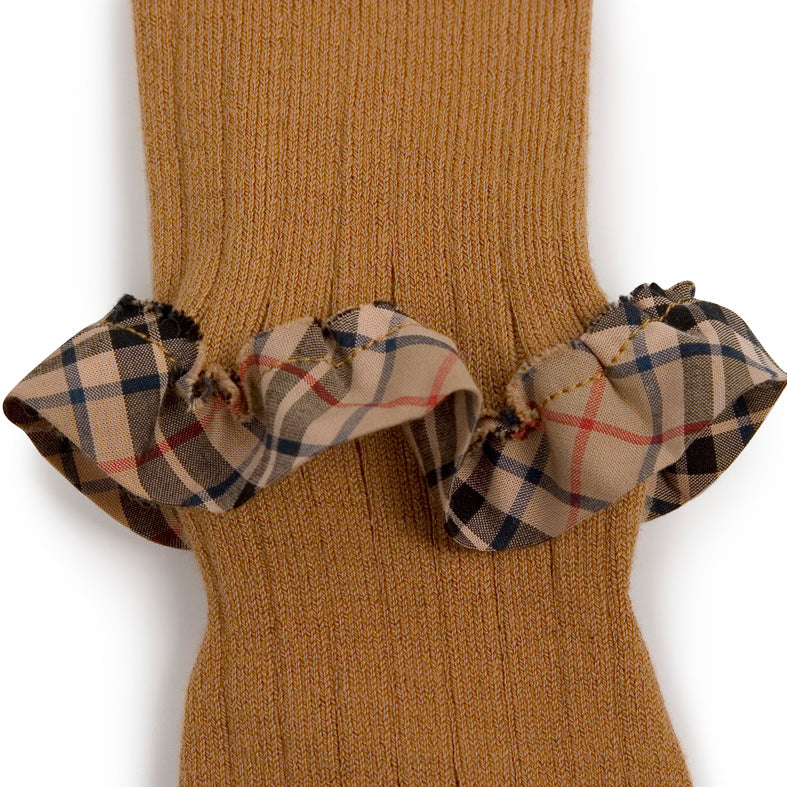 Collegien Adelaide - Tartan Ruffle Ribbed Tights - Caramel