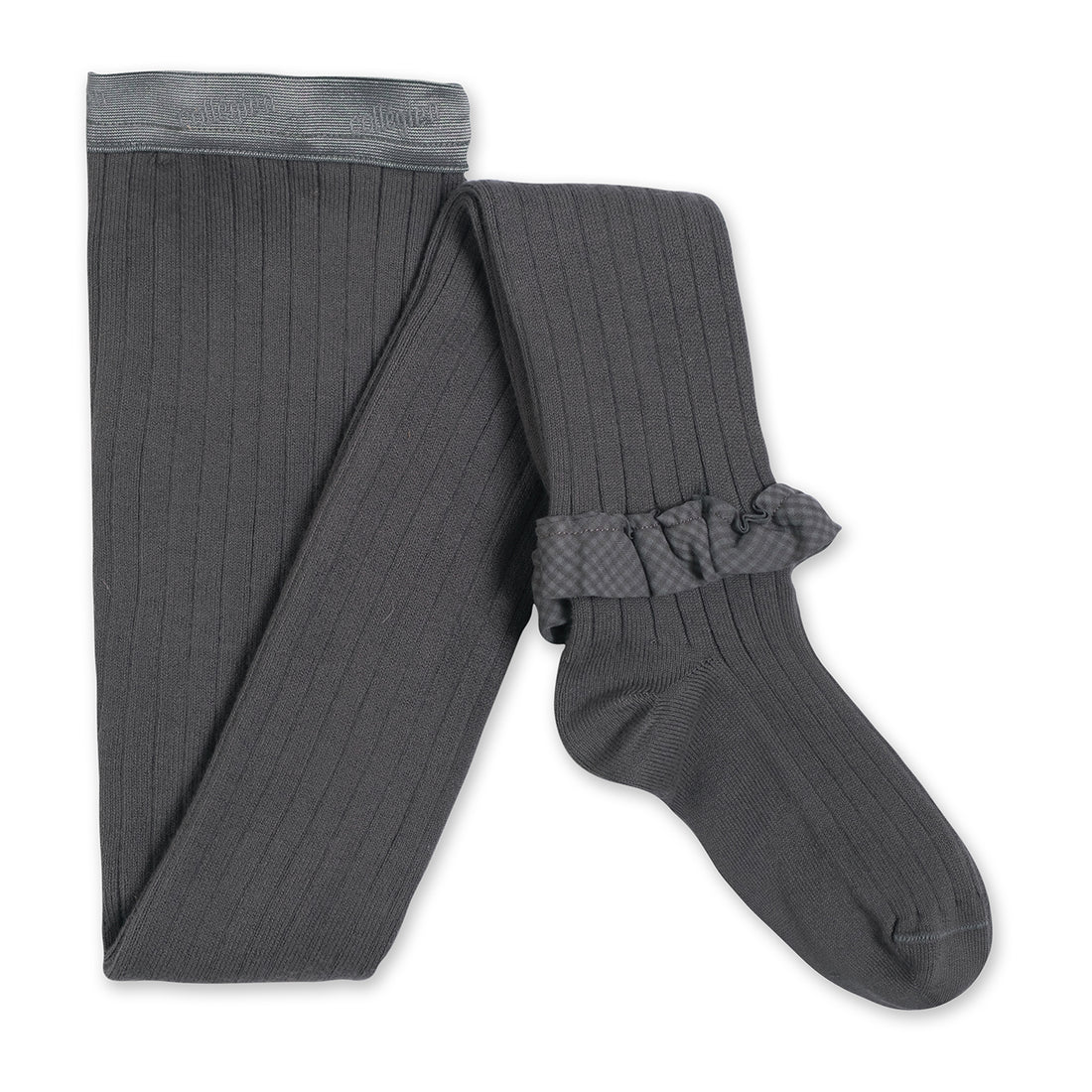 Collegien Agathe - Gingham Ruffle Ribbed Tights - Pebble Gray