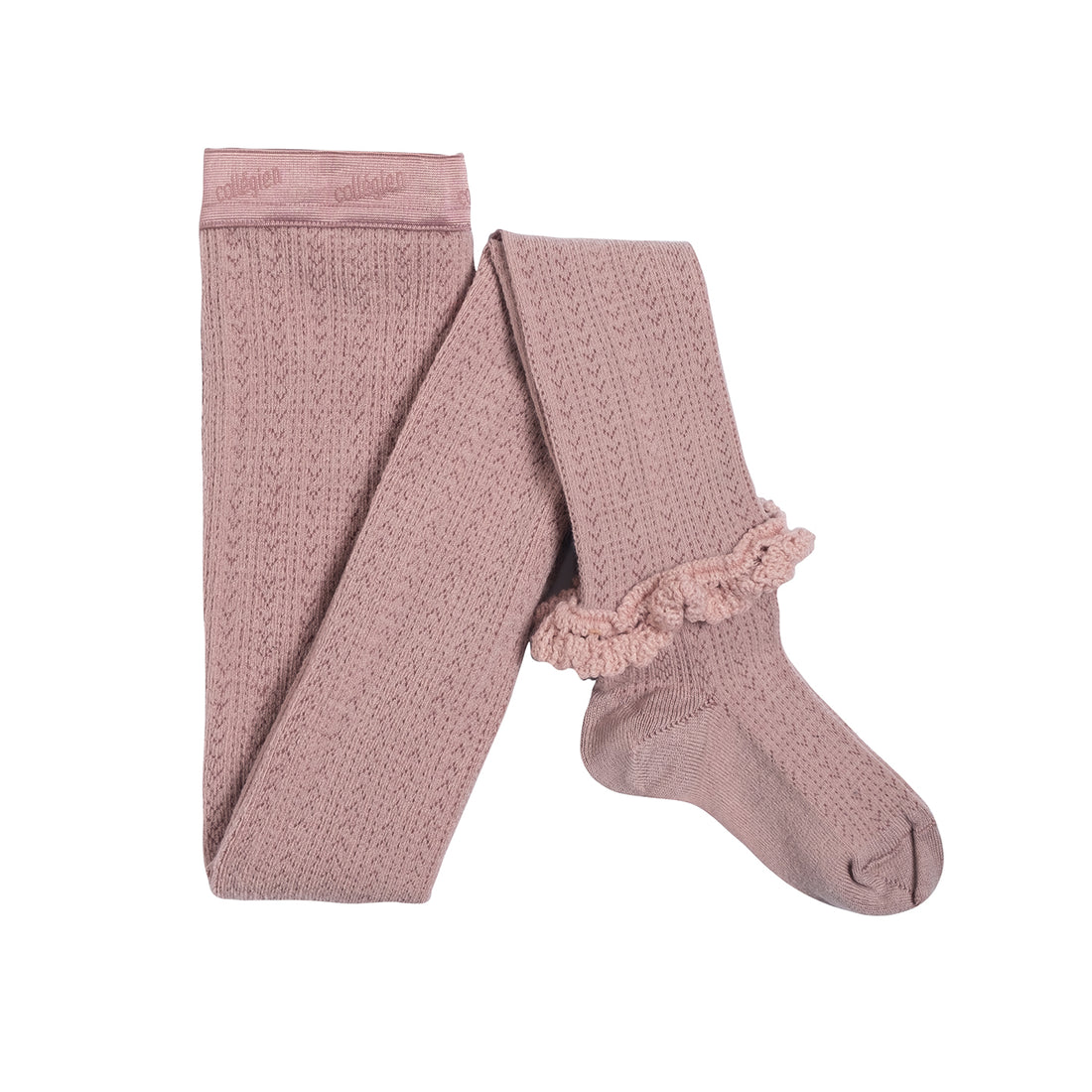Collegien Daphne - Pointelle Wool Tights with Lace Trim - Old Pink