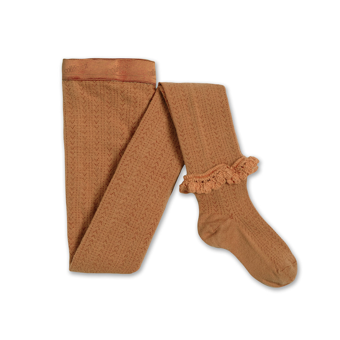 Collegien Daphne - Pointelle Wool Tights with Lace Trim - Caramel