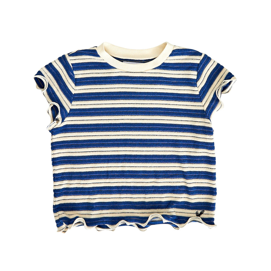 Hey Kid Blue/Ivory Striped Ruffled Edges Terry Top
