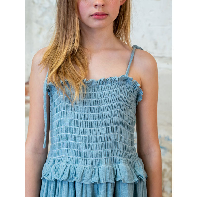 Belle Chiara Washed Turquoise Weft Muslin Smocked Dress