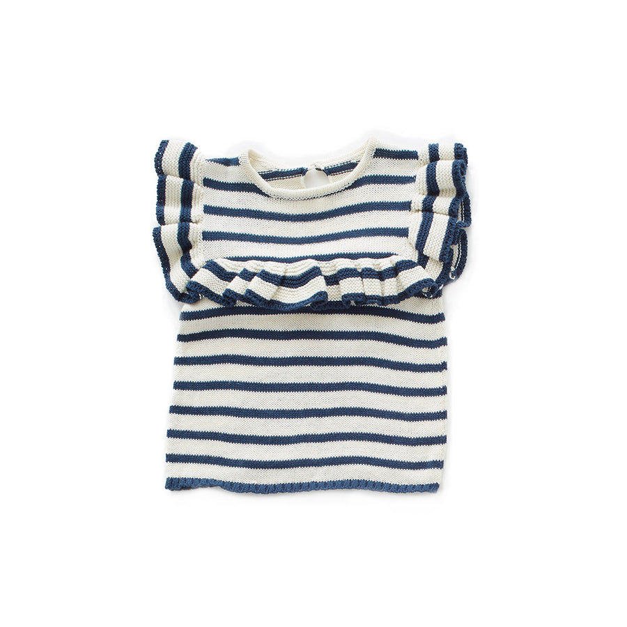 Oeuf White/Navy Striped Knit Frou Frou Top