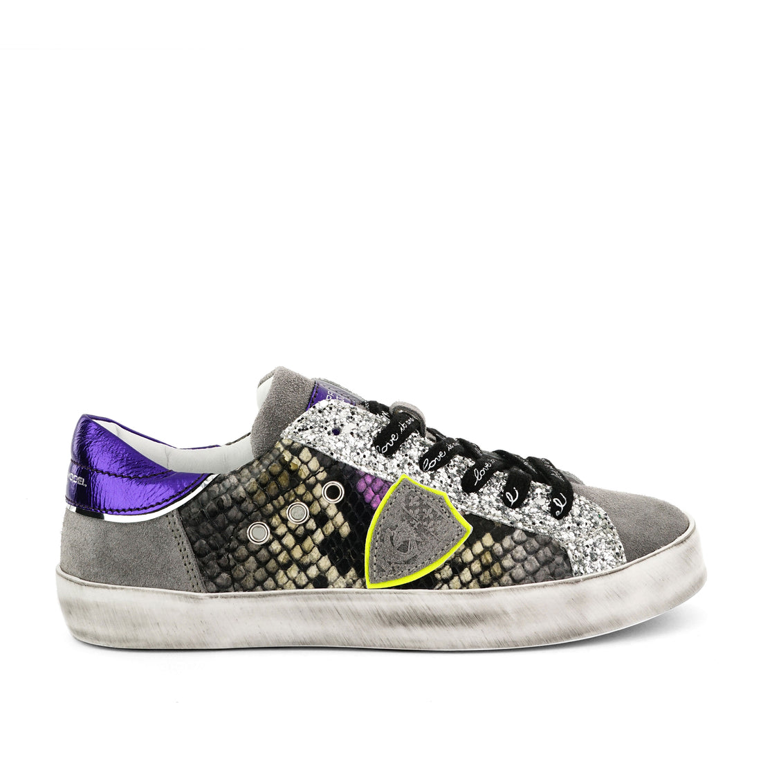 Philippe Model Grey/Silver/Violet/Neon Yellow Python Mix Sneakers