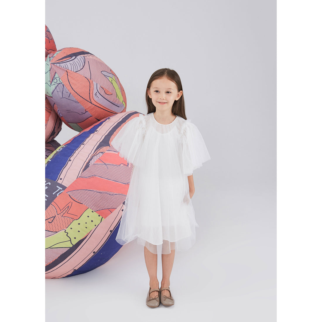 JNBY White Winged Sleeve Tulle Dress