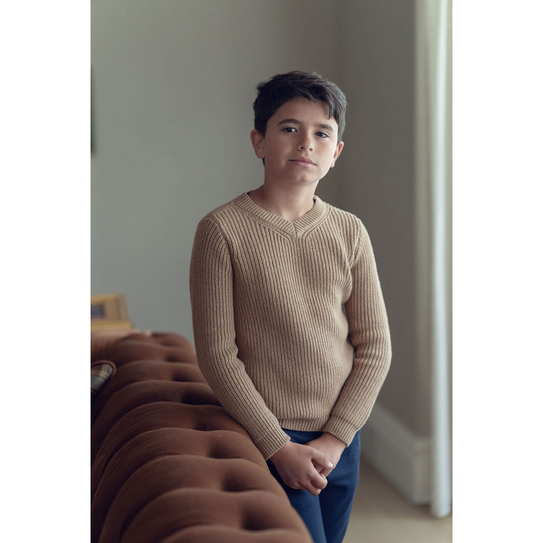 Coco Blanc Camel Boys V-Neck Ribbed Sweater