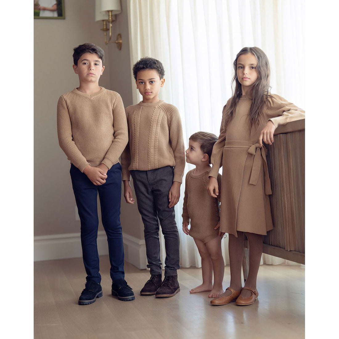 Coco Blanc Camel Boys V-Neck Ribbed Sweater