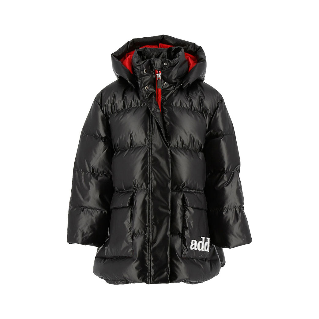 Add Black Girls Hooded Down Jacket Contrast Logo Detail