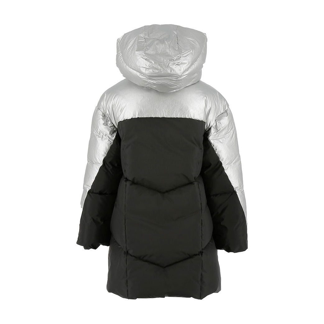 Add Black/Silver Girl Two-Tone Hooded Down Jacket Logo Detail