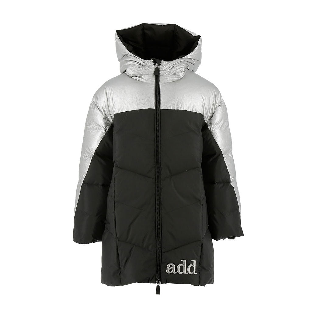 Add Black/Silver Girl Two-Tone Hooded Down Jacket Logo Detail