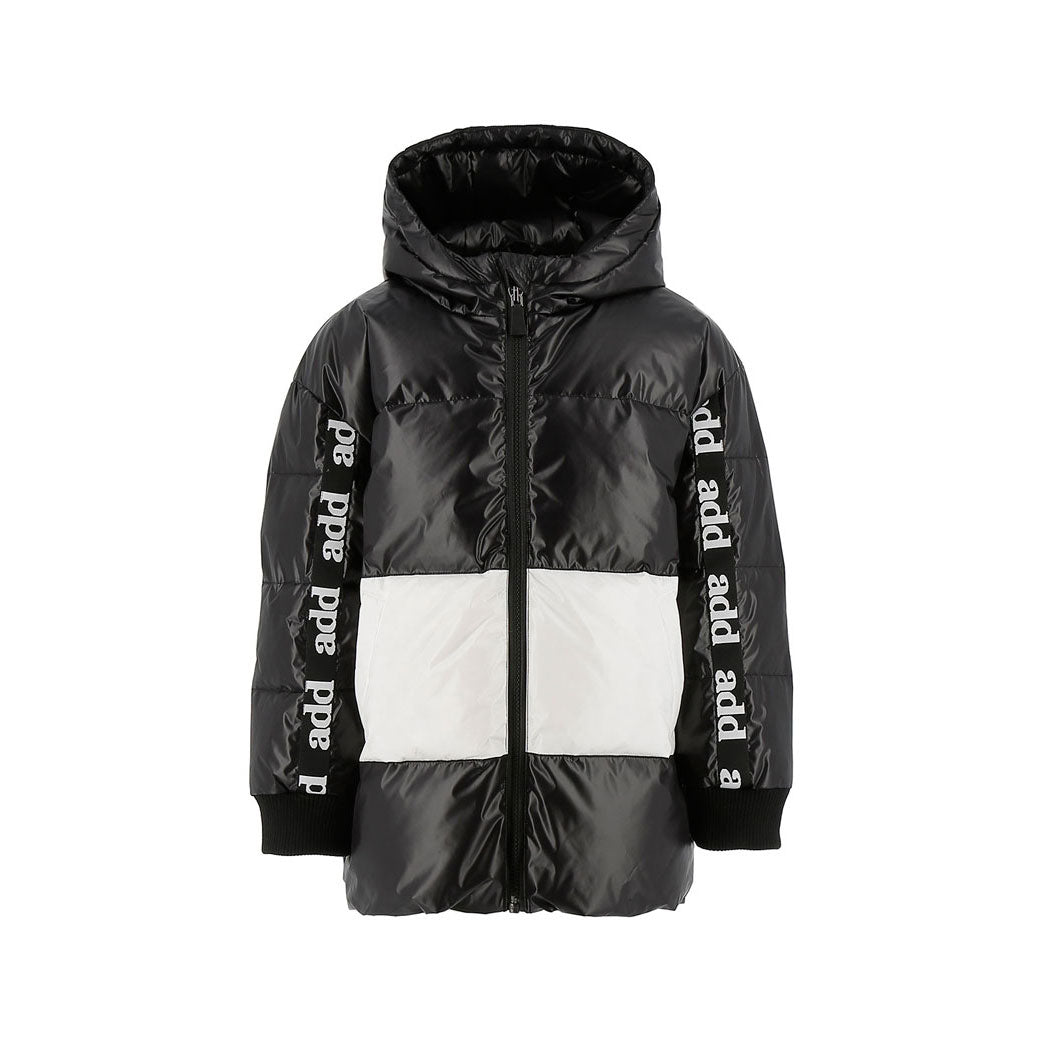Add Black/Off White Bicolor Hooded Down Jacket Logo Sleeve Detail
