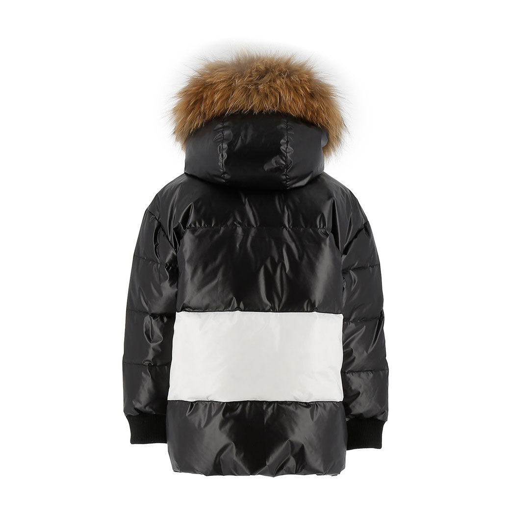 Add Black/Off White Bicolor Hooded Down Jacket Logo Sleeve Detail