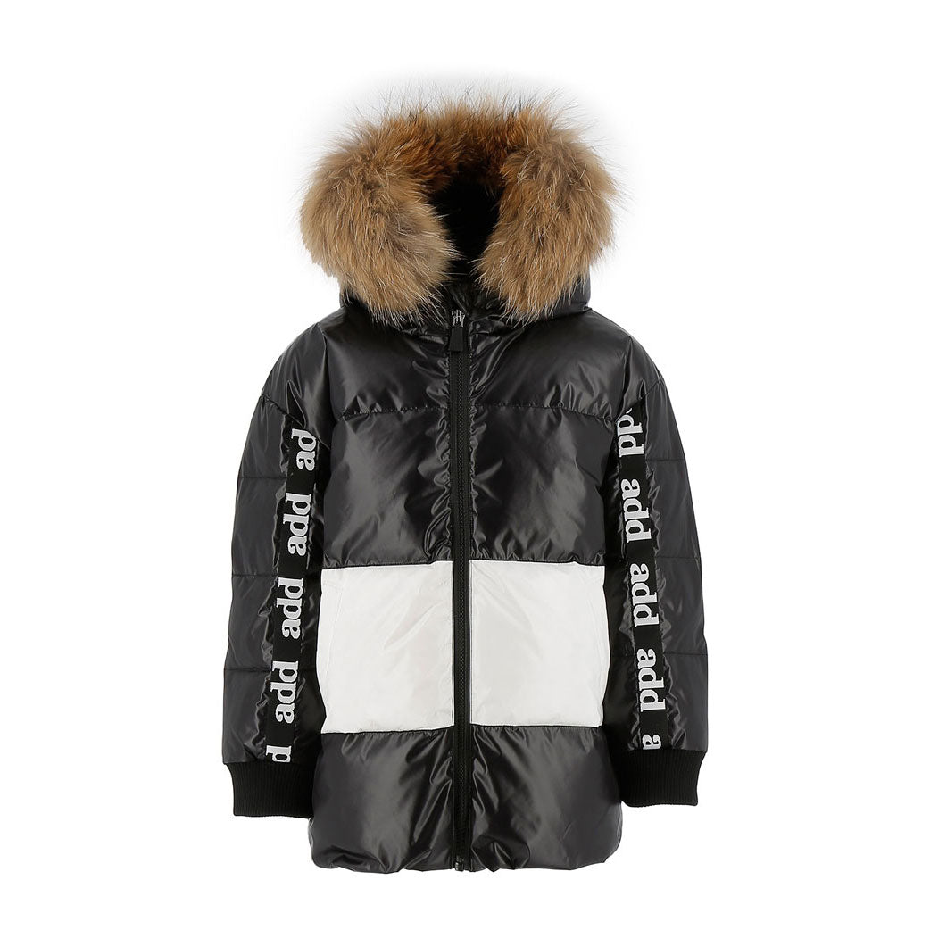 Add Black/Off White Bicolor Hooded Down Jacket Logo Sleeve Detail