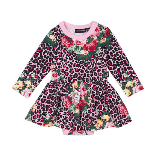 Rock Your Baby Floral Pink Leopard Floral Baby Waisted Dress