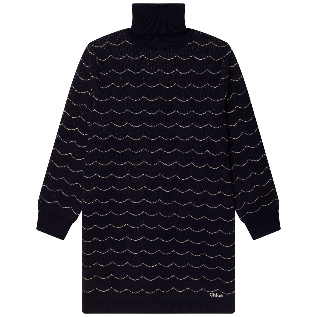 Chloe Navy Stripe Embroidered Turtleneck Dress