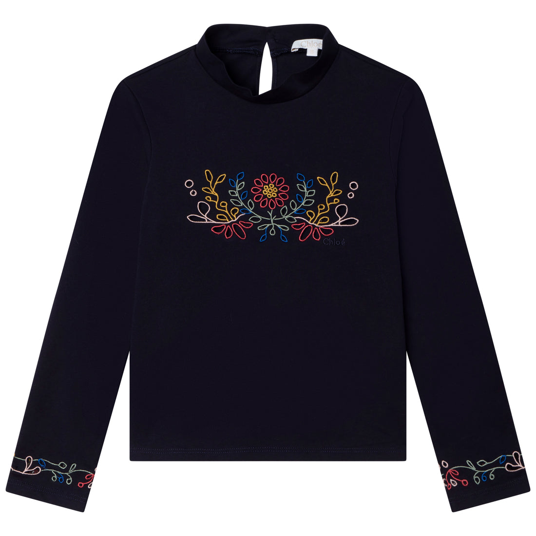 Chloe Navy Mock Neck Embroidered Tee