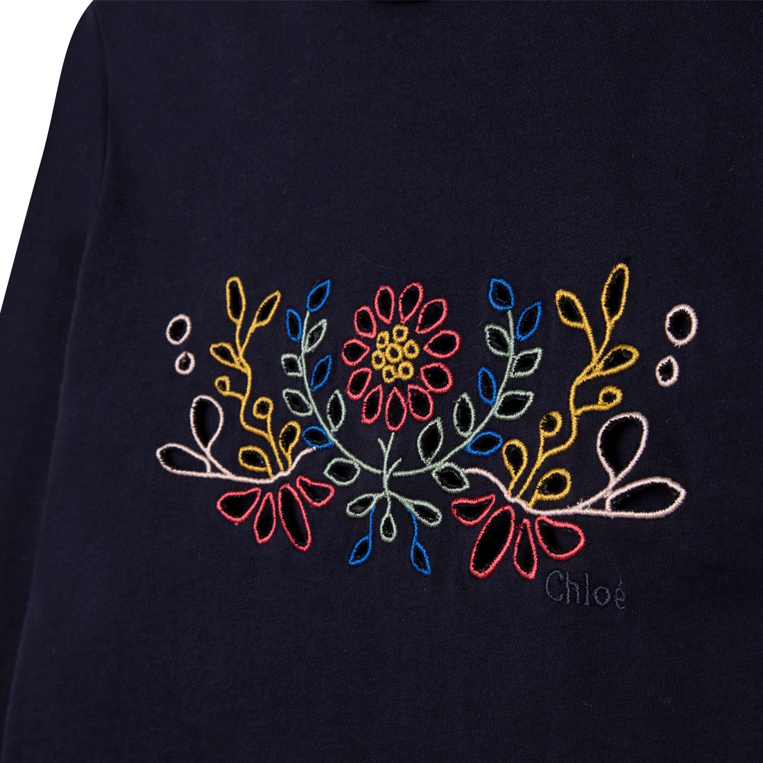 Chloe Navy Mock Neck Embroidered Tee