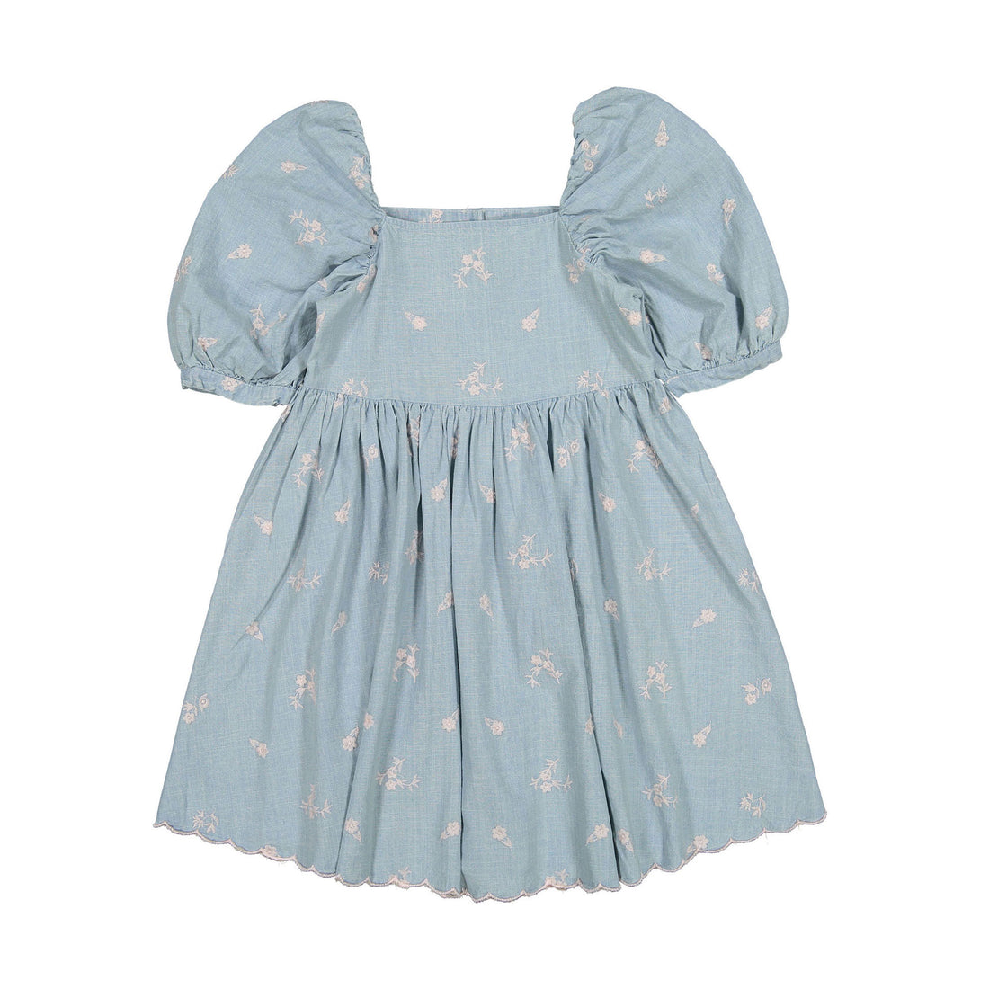 Steph Chambray/Pink Embroidered Puff Sleeve Dress
