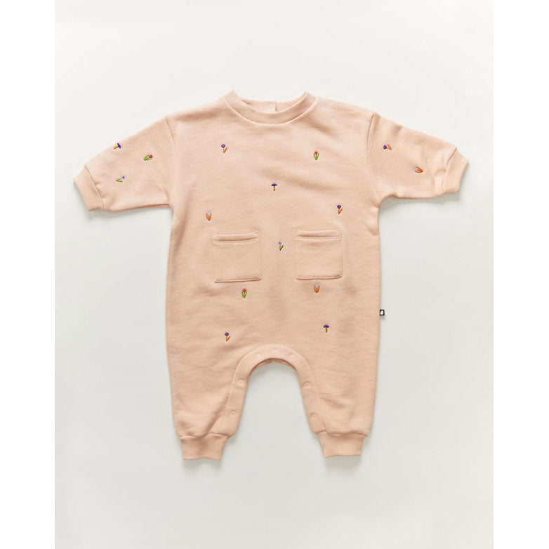 Oeuf Embroidered Terry Romper-Flower/Silver Peony