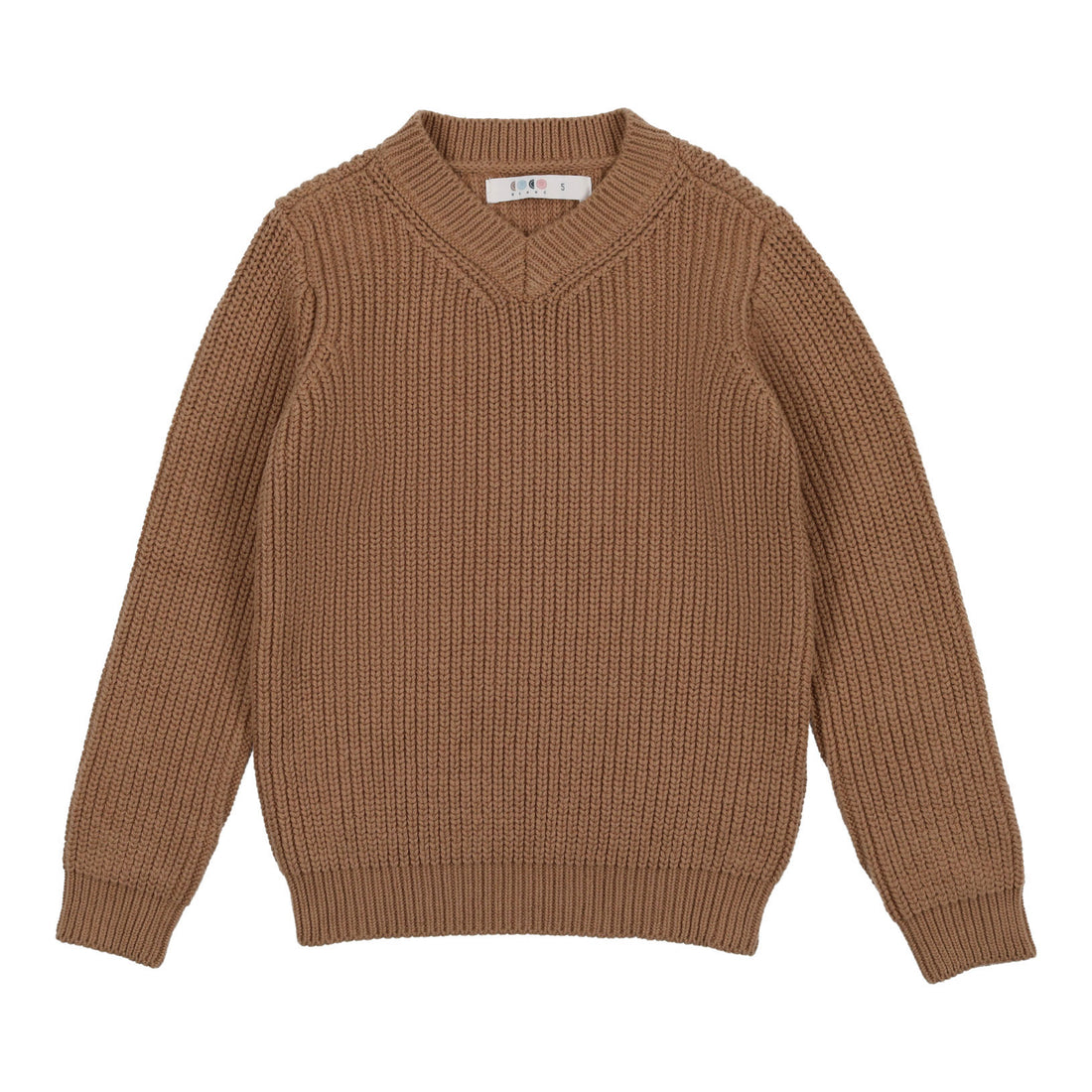 Coco Blanc Camel Boys V-Neck Ribbed Sweater
